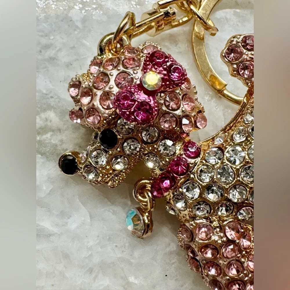 New Pink & Clear Rhinestone French Poodle Dog Gold Tone Purse Charm Keychain